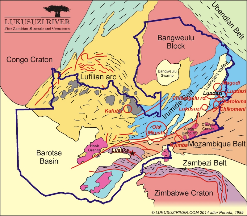 Zambia tectonic map of gem mines